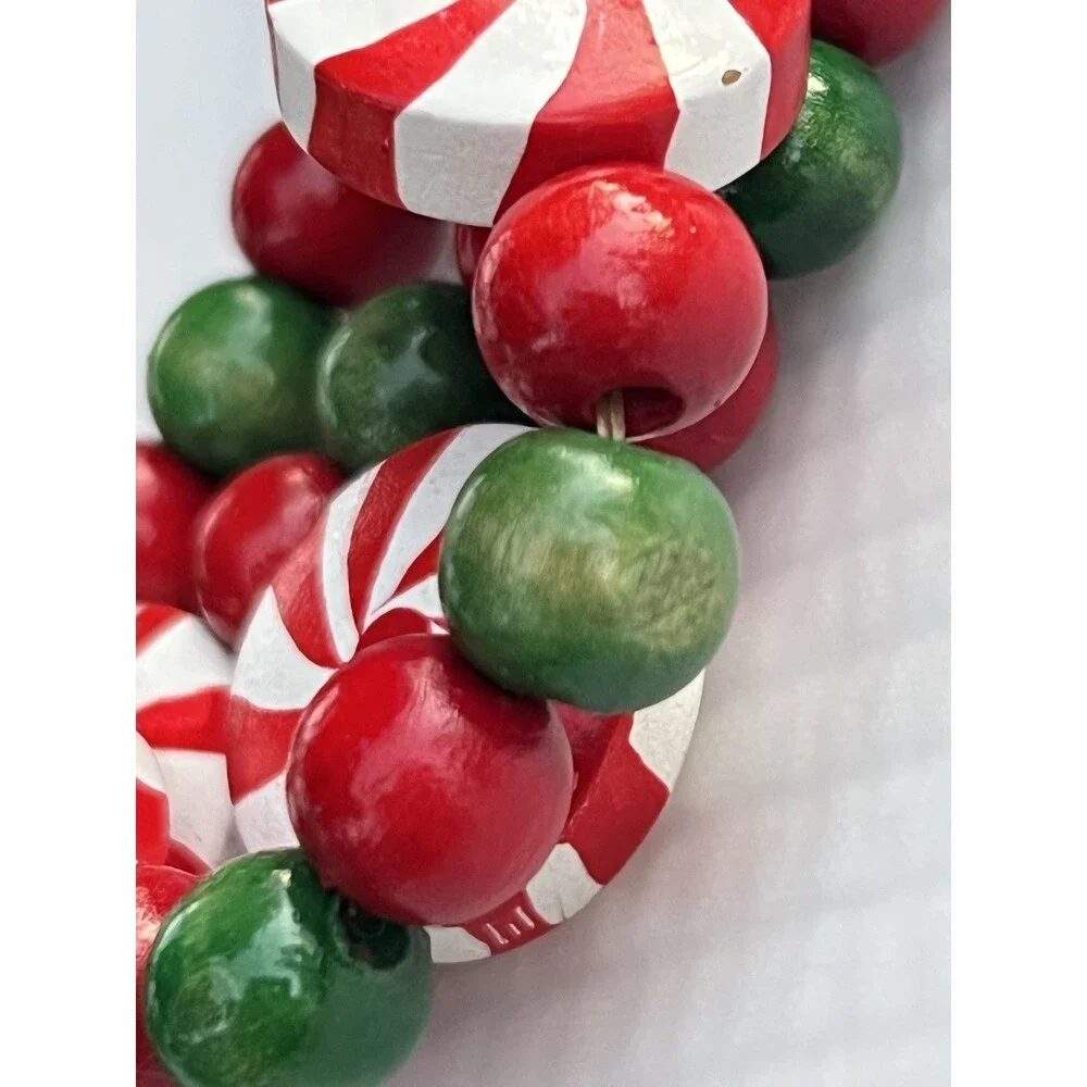 Vintage 8 Ft Wooden Christmas Garland Hand Painted Peppermint Candy Beads